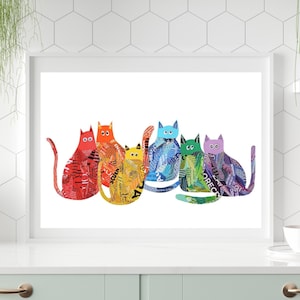 Regenbogen Katze Print: Bunte Collage Kunst, Geschenk für Katzenliebhaber