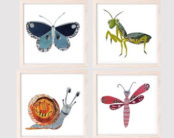 Set of 4 Nursery Art Prints, Animal Nursery and Kids Bedroom Decor, Unique Collage Artwork, Happy Bugs as New Baby Gift
