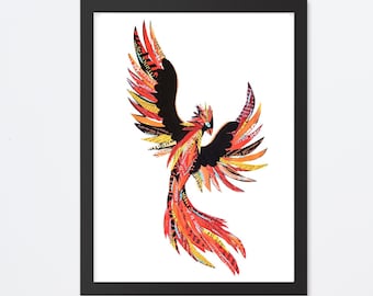 Phoenix Bird, Dragon Art Print from Unique Fantasy Collage Art, Bright Phoenix Rising as Dragon Gift