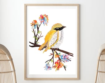 Robin Bird Art Print with Flowers, Unique Collage Artwork as Nature Wall Art and Bird Lover Gift