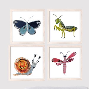 Set of 4 Nursery Art Prints, Animal Nursery and Kids Bedroom Decor, Unique Collage Artwork, Happy Bugs as New Baby Gift