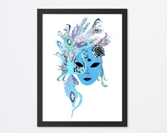 Venetian Print, Peacock Carnival Mask Wall Art from Unique Collage Artwork, Venice Wall Art as Bird Gift