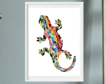 Buntes Mosaik Reptilien Kunst, Gecko Wand Kunst Druck von Einzigartigem Collage Kunstwerk, Mid Century Modern Salamander Kunst