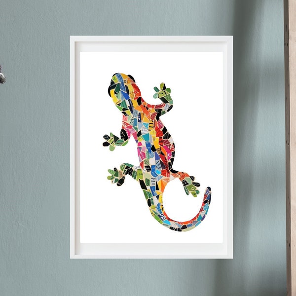 Art mosaïque colorée de reptiles, impression d'art mural gecko d'oeuvres d'art de collage uniques, art salamandre moderne du milieu du siècle