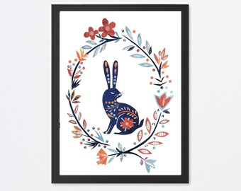 Scandinavian Bunny Print: Floral Nordic Collage Art for Easter Decor