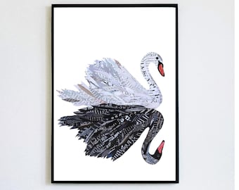 Arte de periódico con cisnes, obra de arte de pájaros en blanco y negro, impresión moderna de cisne como regalo único de decoración de pared.