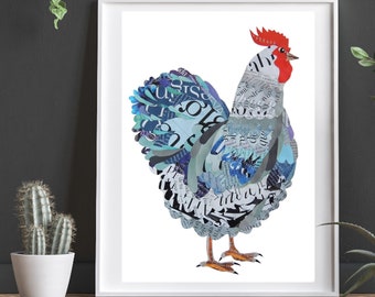 Chicken Art Print as Farmhouse Kitchen Wall Decor, Unique Collage Wall Art and Chicken Gift