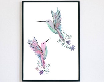 Colibri Picture, Botanical Bird Art, Hummingbird Print from Handmade Collage Artwork as Newborn Gift
