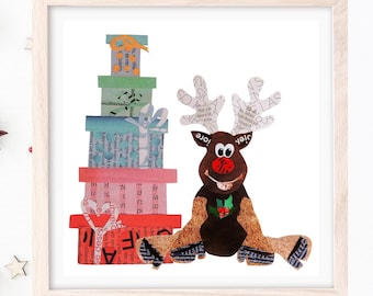 Christmas Wall Art Print, Reindeer with Christmas Presents from Colorful Collage Artwork, Seasonal Decor