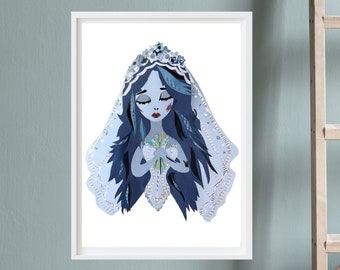 Romantic Goth Poster, Corpse Bride inspired Art Print from Unique Collage Artwork, Dark Fantasy Gift