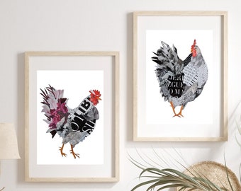 Farmhouse Wall Decor, Set of 2 Chicken Art Prints for Rustic Kitchen Decor, Original Collage Art, Chickens Artwork, Hen and Rooster Gifts