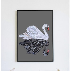May include: A black and white paper collage of two swans facing each other. The swans are made of cut-out pieces of paper, creating a textured effect. The background is a solid grey.