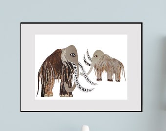 Mammoth | Prehistoric Art | Ice Age Collage Prints | Dinosaur Nursery | Baby Animal Wall Art