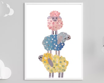 Impresión artística de ovejas, animales de granja para guardería a partir de una obra de arte de collage original, cordero bebé como decoración de granja y regalo para recién nacidos.