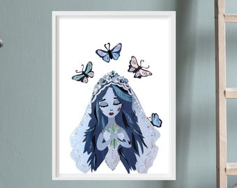 Corpse Bride and Purple Butterfly Wall Art Tribute of Unique Collage Artwork, Romantic Goth for a Beautiful Halloween Decor