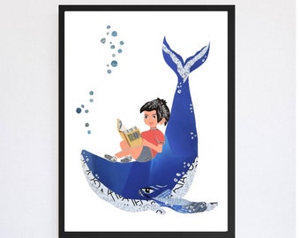 Boy and Whale Reading Art Print, Whale Wall Art, Book Lovers Collage Artwork, Unique Boys Room Decor