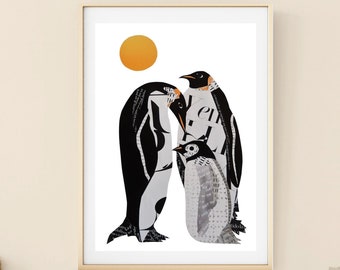 Animal Family Print from Unique Collage Artwork, Penguin Wall Art for Boho Nursery Decor, Family Gift, New Dad and New Mom Gift