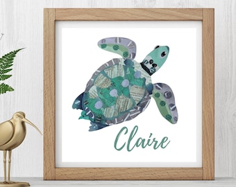 Unique Turtle Newborn Gift: Free Personalized Ocean Nursery Collage Art Print and Baby Name Wall Art Decor