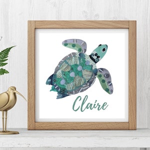 Ocean-themed Baby Name Wall Art with Free Personalization – Collage Green Turtle for Nursery Decor