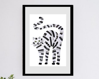 Striped Tabby Cat Art Print - Unique Gift for Cat Lovers - Minimalist Black & White Collage