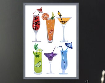 Cocktail Wall Art for Home Bar Decor, Colorful Bar Cart Print from Original Collage Artwork, Unique Kitchen Art Gift