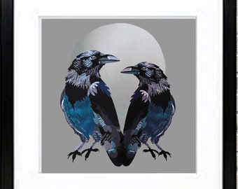 Lámina artística de pareja de cuervos: collage gótico, decoración de Dark Academia