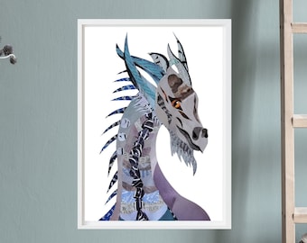 Dragon Mythological Print, Dragon Decor from Original Collage Art Design, Dragon as Fantasy Art Gift, Romantic Pastel Goth