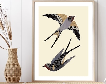 Arte de golondrinas, impresión de pared vintage de pájaro beige a partir de una obra de arte de collage original, regalo único para amantes de las aves.