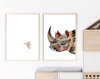 Rhino and Bird Safari Nursery Prints from Original Collage Artwork, Unique 2 Piece Wall Art, African Decor as Friendship Gift