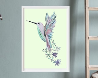 Floral Bird Art, Hummingbird and Flowers Pastel Green Wall Decor, Baby Girl Nursery Handmade Collage Art, Colibri Gift