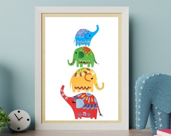 Lámina artística de una familia de elefantes de colores: collage decorativo para habitación infantil