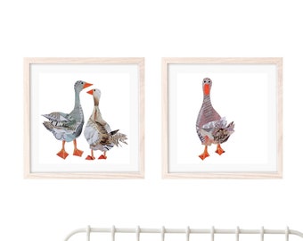 Set of 2 Duck Prints from Original Collage Artwork, Cute Duck as Kids Bedroom Decor and Farm Nursery New Baby Gift