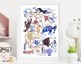 Sea Animal Wall Art Print, Sea Life Collage Artwork for a Nautical Nursery Decor, Ocean Wall Art, Under the Sea Kids Bathroom Art