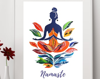 Namaste Yoga Wall Art Print: Colorful Meditation Collage as Yoga Gift