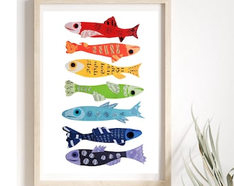 Colorful Wall Art of Fish Art Print from Unique Collage Artwork, Beach Wall Art as Rainbow Decor Gift, Happy Art