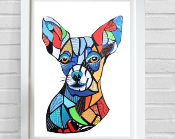 チワワ犬のアートプリント：カラフルなキュビズムコラージュ - Etsy 日本