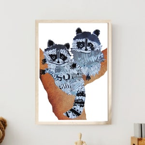 Raccoon Print for a Woodland Nursery Decor, Unique Forest Animal Wall Art from Original Collage Artwork