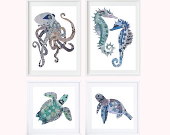 Gallery Wall Art Set, 4 Nautical Decor Prints, Beach House Turtle, Octopus, Seahorse, Pastel Coastal Decor, Collage Ocean Nursery
