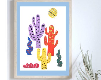 Cactus Art Print, Colorful Botanical Desert Wall Art from Unique Collage Artwork, Cactus Decor Poster