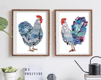 Chicken Art for a Modern Farmhouse Wall Decor, Set of 2 Farm Animals from Unique Collage Artwork, Hen and Rooster Print