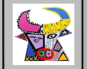 Kubismekunst, stierenprint, geometrische kunst, modern uit het midden van de eeuw, origineel collagekunstwerk, cadeau vader