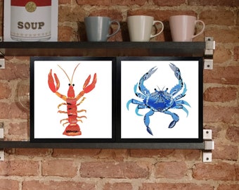 Crab and Lobster Print, Food Art Set of 2, Home Bar Decor, Colorful Kitchen Wall Art, Seafood Bright Art Gift from Collage Artwork