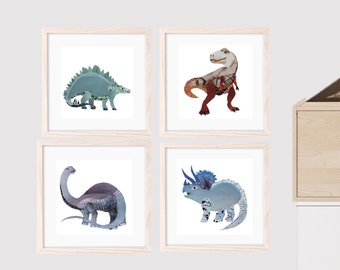 Dino Wall Art as Unique Dinosaur Gift, Set of 4 Collage Prints for Boys Room Decor