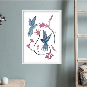Bird Art Picture, Blue Birds and Pink Flowers from Unique Collage Artwork, Delicate Asian Decor Style