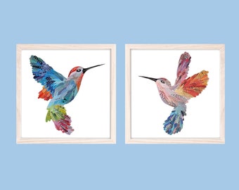 Colorful Hummingbird Pictures, Set of 2 Square Prints of Unique Collage Bird Artwork, Colibri Art for a Bright Wall Decor