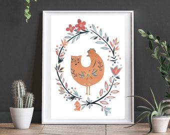 Floral Chicken Art Print: Scandinavian Farmhouse Kitchen Decor