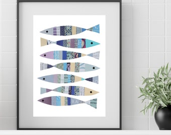 Sardines Art Print, Modern Fish Wall Art, Original Collage Artwork, Portuguese Sardine