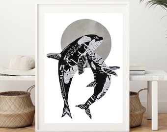 Black and White Whale Art Print, Nautical Wall Art from Unique Collage Artwork, Monochrome Ocean Decor as Couple Gift