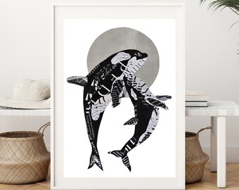 Impresión de orca, arte de ballenas de un collage único, decoración oceánica enmarcada: ballenas