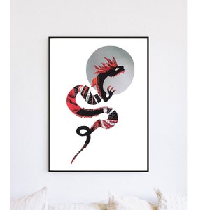 Dragon Art Print from Original Collage Artwork, Japanese Dragon Wall Art for a Minimalist Asian Decor